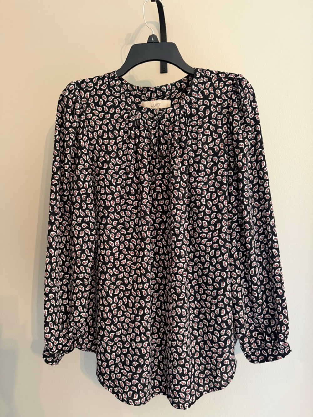 LOFT Black Paisley-Print Long Sleeve Blouse